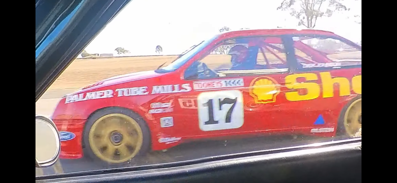 From David Towe’s car on the finish line of the reverse grid race